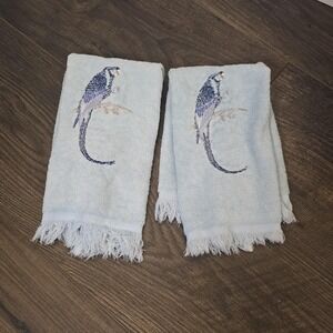 Vintage Blue Parrot Bird Embroidered Fingertip Towels Fringe Set of 2 Cottage